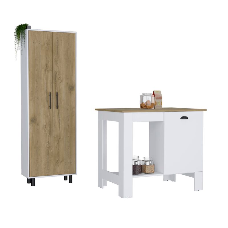 Arlington 2 Piece Kitchen Set, Kitchen Island + Pantry Cabinet, White / Light Oak
