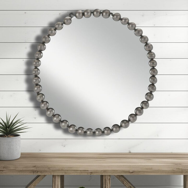 HomeRoots 24" Dark Gray Iron Beaded Round Accent Mirror