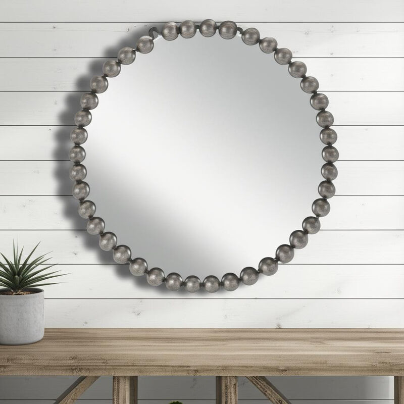 HomeRoots 24" Dark Gray Iron Beaded Round Accent Mirror image number 1