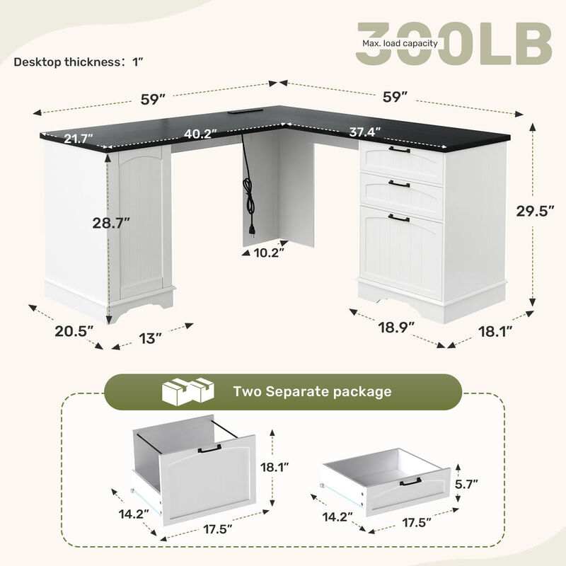 Envelor USB Charging Drawers & File Cabinet L-Shaped Office Desk for Home Office Study image number 2
