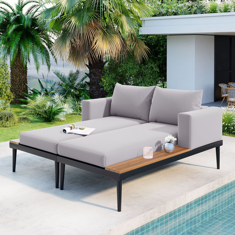 2-in-1 Outdoor Sofa Daybed for Poolside/Balcony, Wood-Topped Side Spaces & Padded Lounges