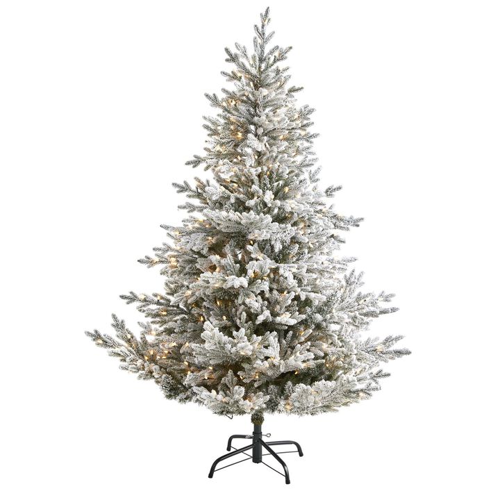 Nearly Natural Flocked Fraser Fir Artificial Christmas Tree with Warm White Lights and Bendable Branches