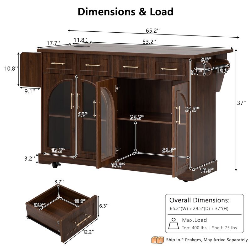 Merax Rolling Kitchen Island with Arched Tempered Glass Display Cabinets, Adjustable Shelves image number 4