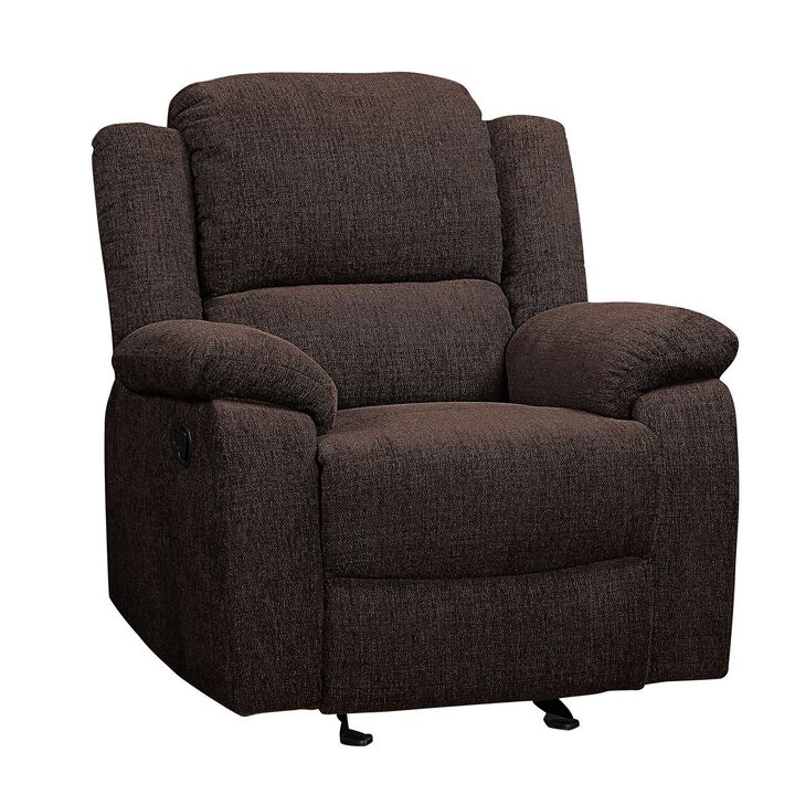Fabric Upholstered Glider Recliner Chair with Pillow Top Armrest, Brown-Benzara