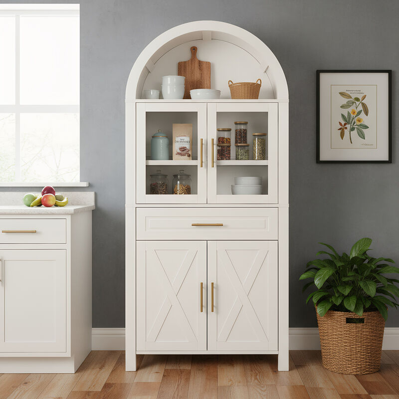 Merax Farmhouse Arched Glass Barn Door Pantry Cabinet - Adjustable Shelves & Built-In Racks image number 1