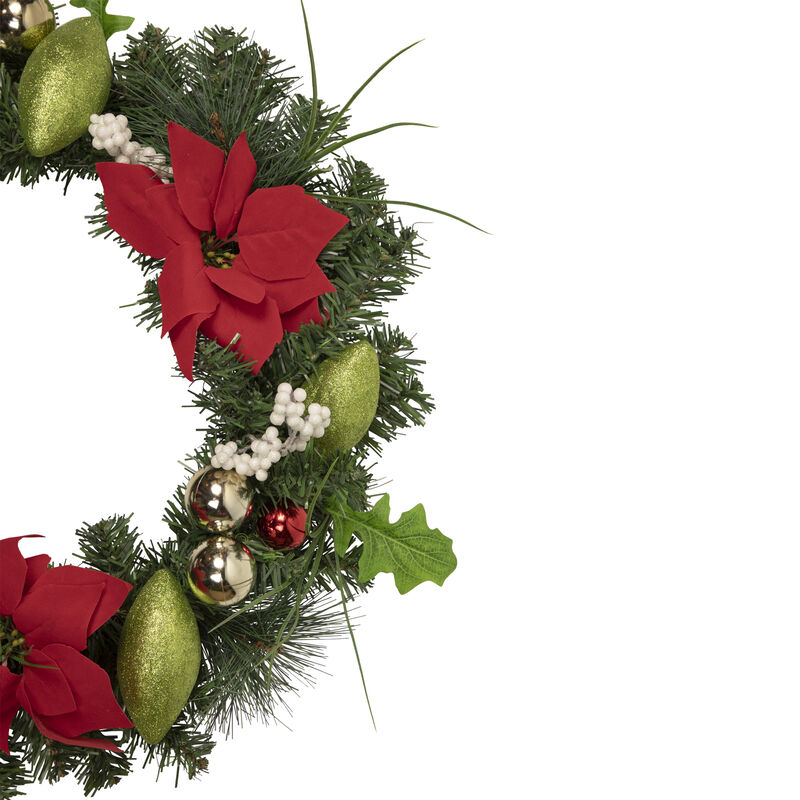 Decorated Red and Green Poinsettia and Pine Artificial Christmas Wreath  24-inch  Unlit image number 2