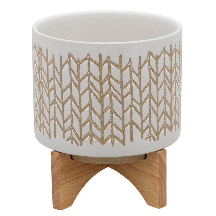 Planter with  Chevron Pattern and Wooden Stand, Large, Off White- Benzara