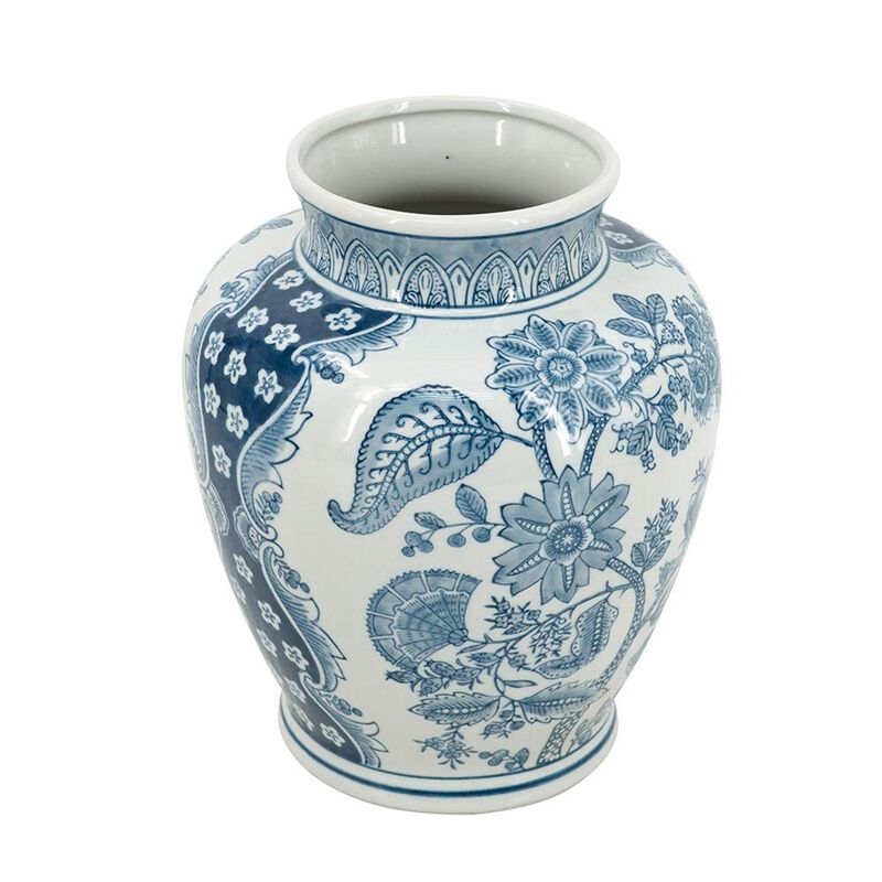 HomeRoots 11" Light Blue And White Floral Round Porcelain Jar image number 0