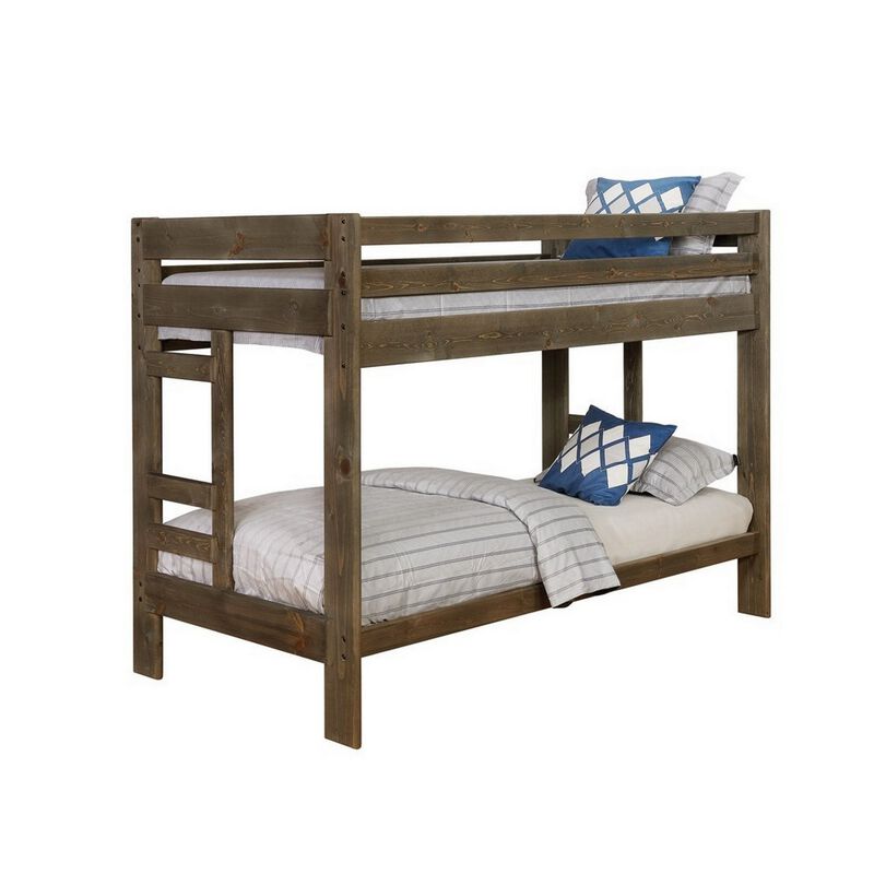 Transitional Style Wooden Twin Over Twin Bunk Bed with Guard Rails, Brown-Benzara image number 2
