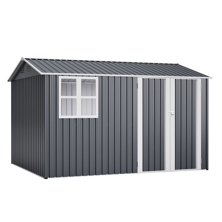 10X8FT Outdoor Steel Storage Shed with Clear Window,Lockable Doors,Weather-Resistant Metal Tool Shed