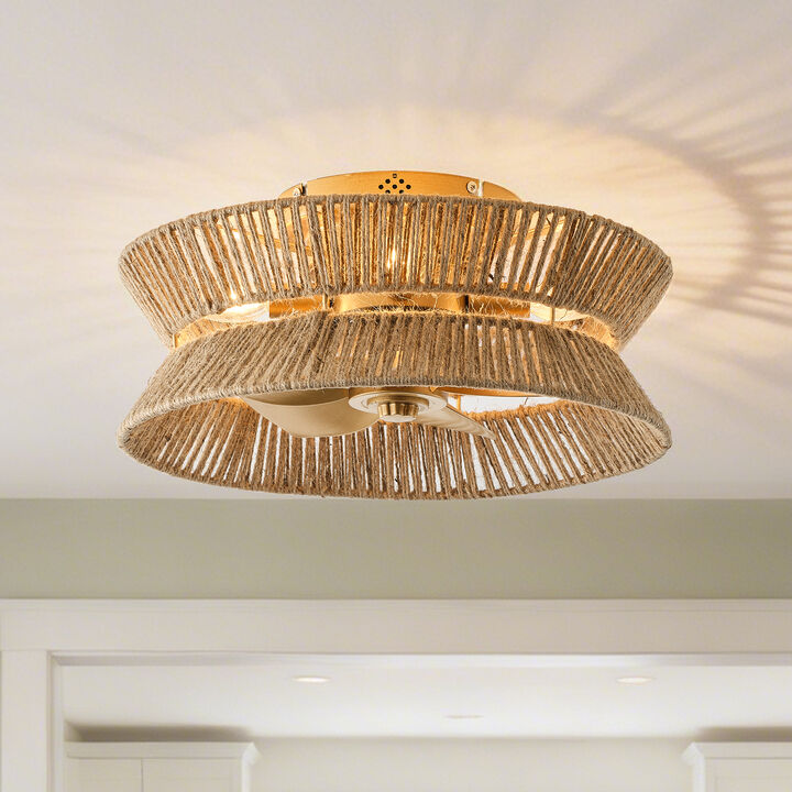 17.7" Bohemian Hemp Rope Antique Gold Caged Ceiling Fan with Light and Remote