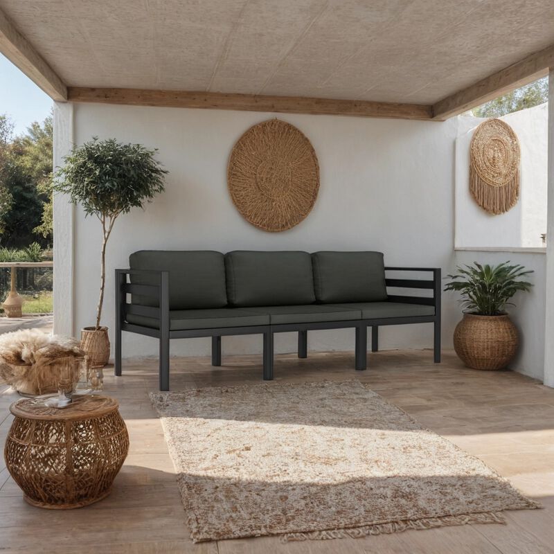 Shina 3pc Outdoor Modular Sofa Set, Black Metal, Dark Gray Cushions - Benzara