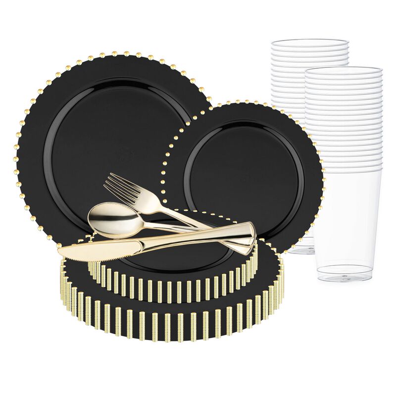 Black with Gold Pearl String Round Plastic Wedding Value Set (30 Sets) image number 0