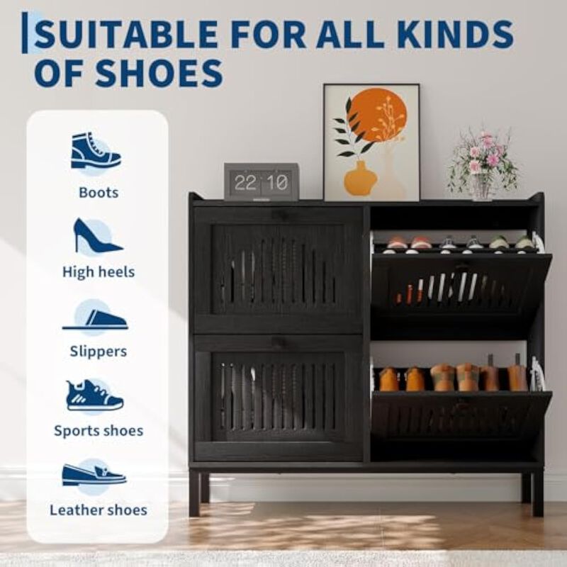 Entryway Wood Shoe Storage Cabinet 4 Door Flip Drawer Adjustable Shelves image number 3