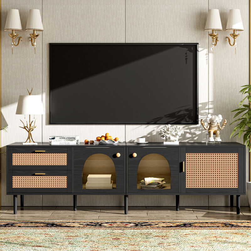 TATEUS Rattan TV Stand with 3 Cabinets & 2 Drawers, Rattan-inspired Media Console Table for TVs up to 80''