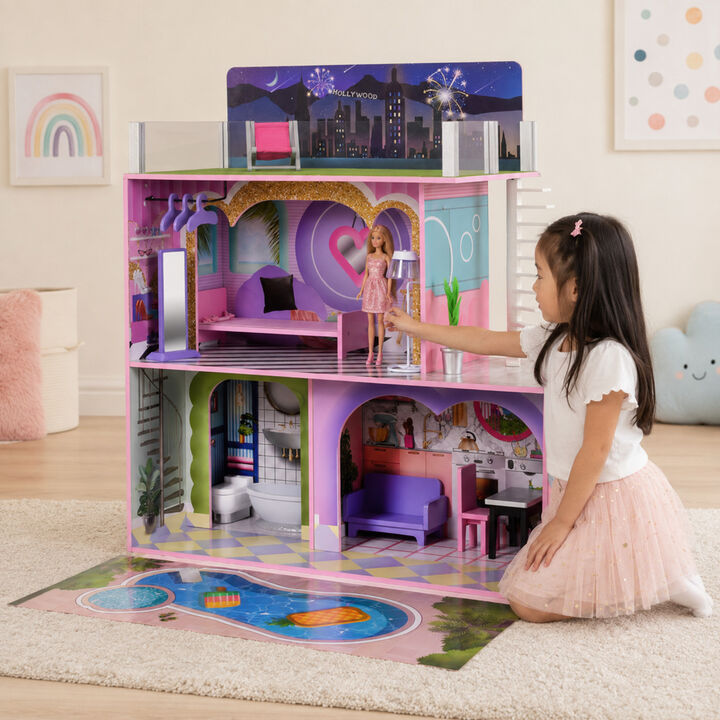 Teamson Kids Dreamland Sunset Wooden Doll House with 3 Levels, Kitchen, Living Area, Bedroom, Bathroom and 16 Accessories
