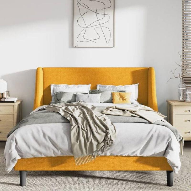 Hivvago Queen Size Yellow Linen Blend Upholstered Platform Bed with Wingback Headboard