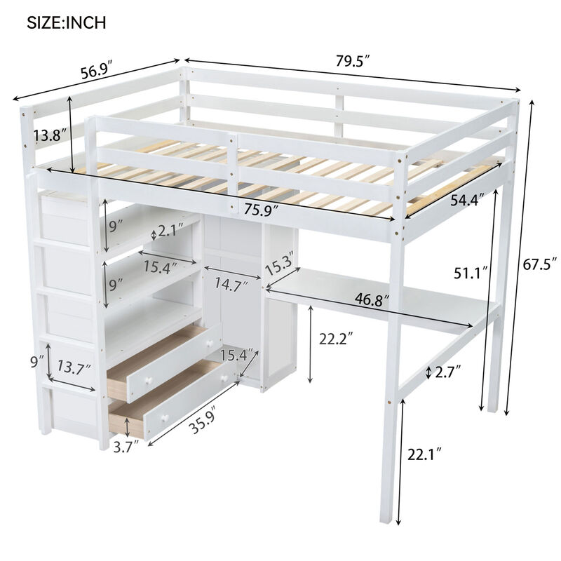 Merax Wood Full Size Loft Bed with Built-in Wardrobe