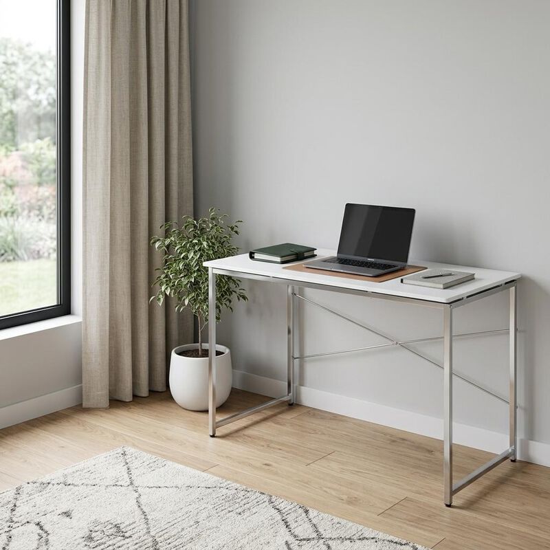 HomeRoots 47" White and Silver Writing Desk image number 1