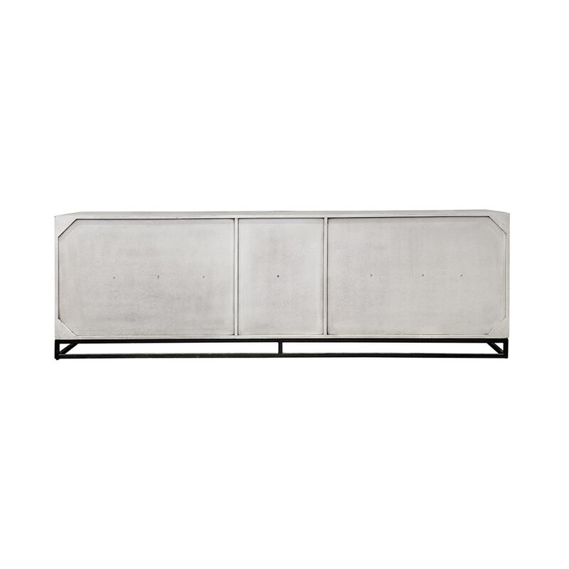 Jen 87 Inch Sideboard Cabinet, Doors, Shelves, Black Iron Stand, Cream Wood - Benzara