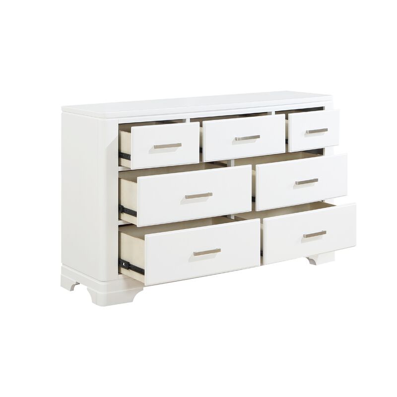 Hudy 56 Inch Dresser, 7 Drawers w Metal Handles, White Birch Veneer - Benzara