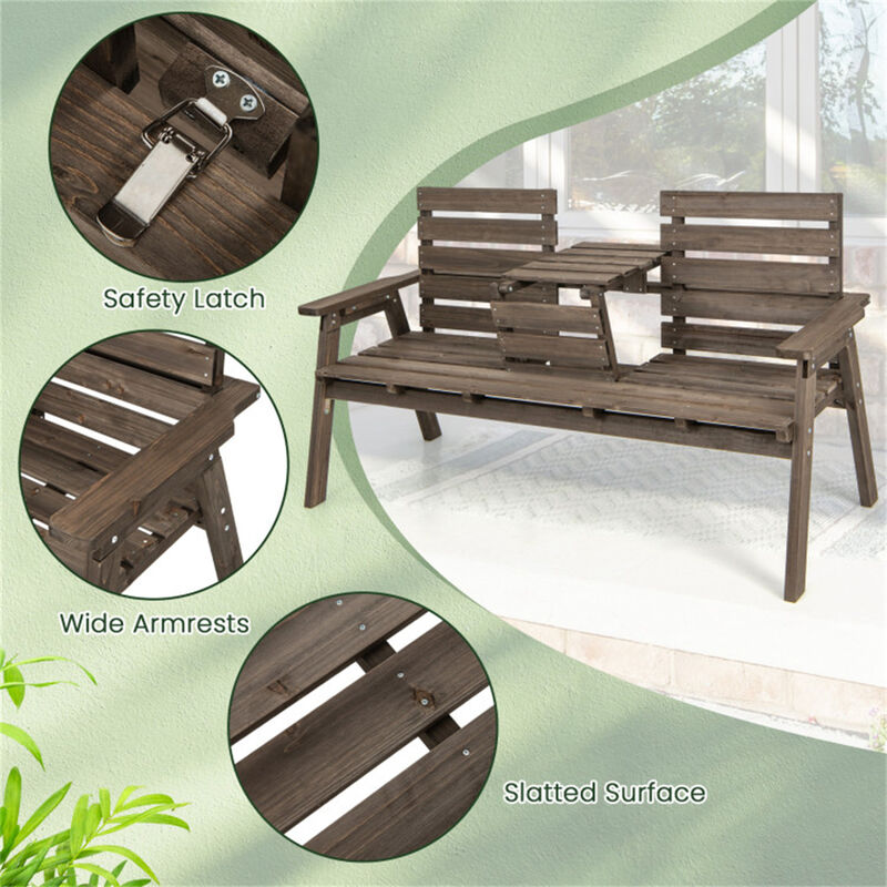 Bench with Foldable Middle Table Outdoor Convertible Seating for Patio & Garden
