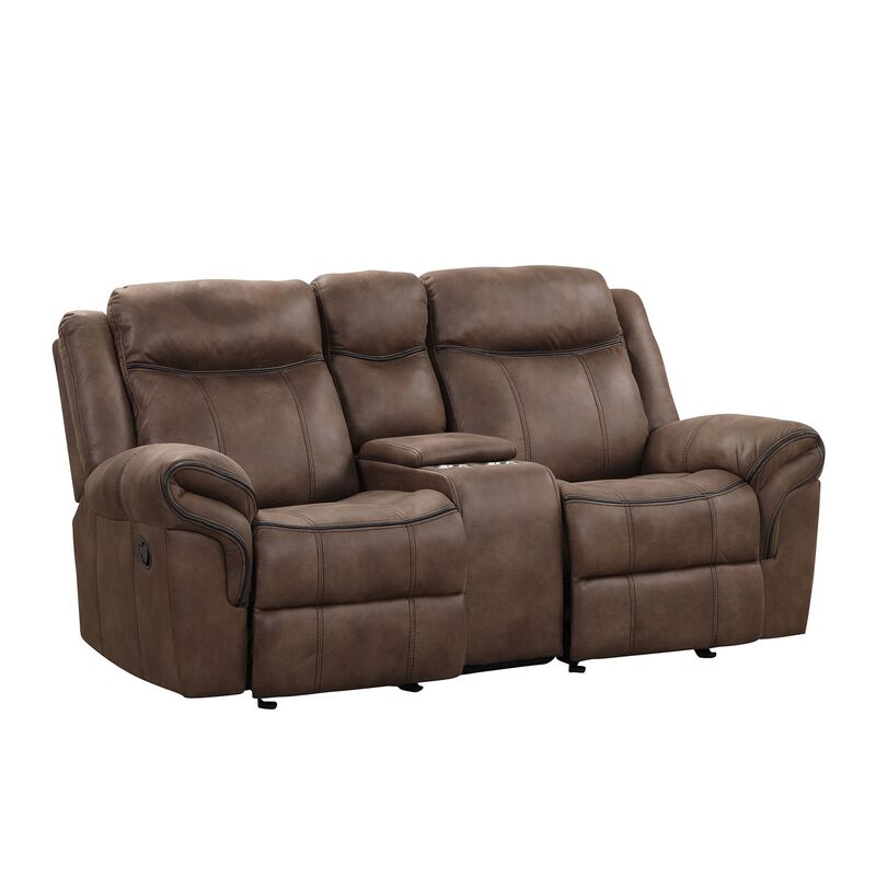 Arisa Sofa and Loveseat Manual Recliner Set, Brown Faux Leather, Drop Table - Benzara
