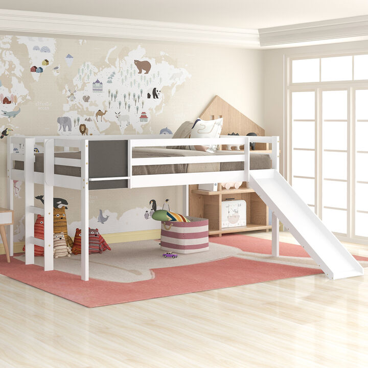 Full Size Loft Bed Wood Bed with Slide, Stair and Chalkboard