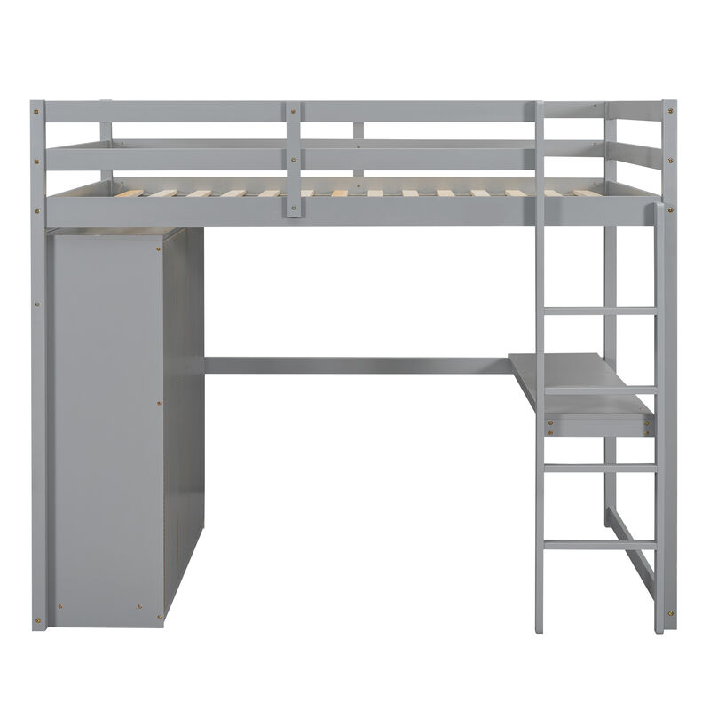 Whisen Wood Full Size Loft Bed with Built-in Wardrobe, Desk, Storage Shelves and Drawers- Grey