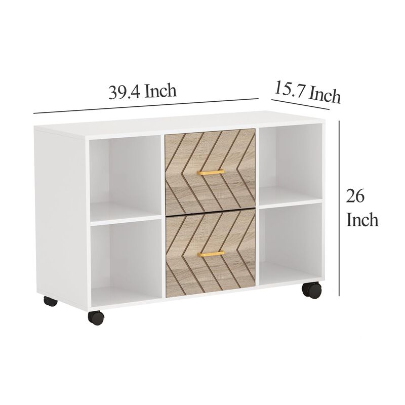 File Cabinet, 4 Storage Shelves, 2 Brown Drawers, Wheel Base 39 Inch - Benzara