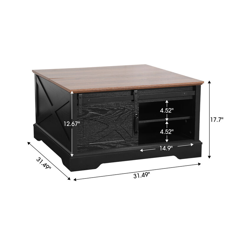 Modern 31.5" Black Dark Brown Wooden Farmhouse Square Coffee Table with Top Flip Cover and Sliding Barn Door Storage image number 5