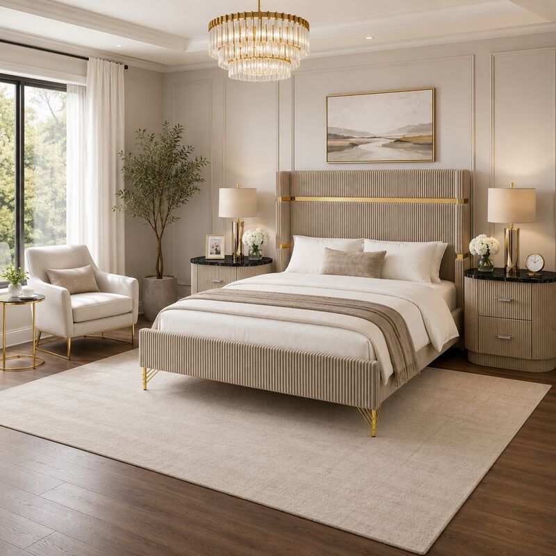 Queen Bedroom Set, Gold, Beige, Black, Silver Wood, 3 Piece Set with 2 Nightstands image number 1