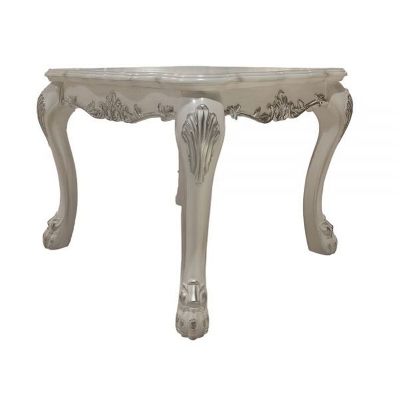 Ally 28 Inch Side End Table, Aspen Wood, Classic Scrollwork, Polyresin