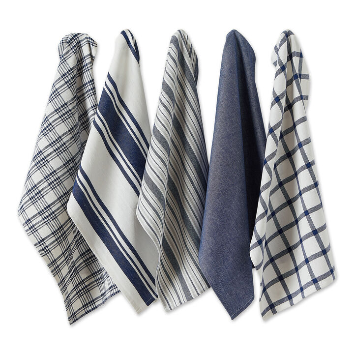 Set of 5 Assorted Nautical Blue and White Woven Dish Towel  28"
