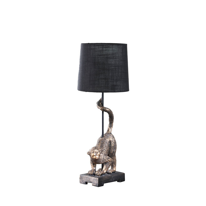 Ree 24 Inch Accent Table Lamp, Monkey Resin Sculpture, Drum Shade, Bronze - Benzara