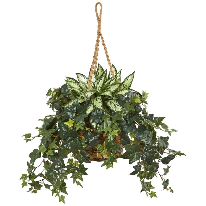 HomPlanti 30" Silver Queen and Ivy Artificial Plant in Hanging Basket