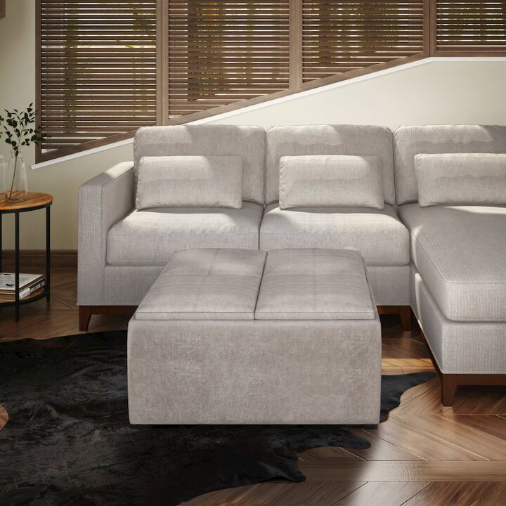 Simpli Home Square Coffee Table Storage Ottoman In Distressed Grey Taupe Vegan Faux Leather