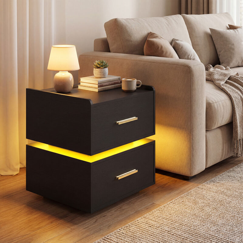 Modern Nightstand with LED Light, Charging Station and 2 Storage Drawers image number 6