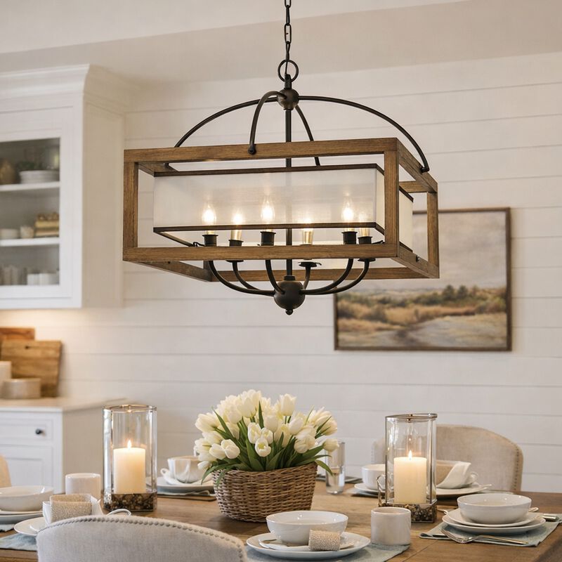 6 Bulb Square Chandelier with Wooden Frame and Organza Striped Shade, Brown - Benzara image number 2