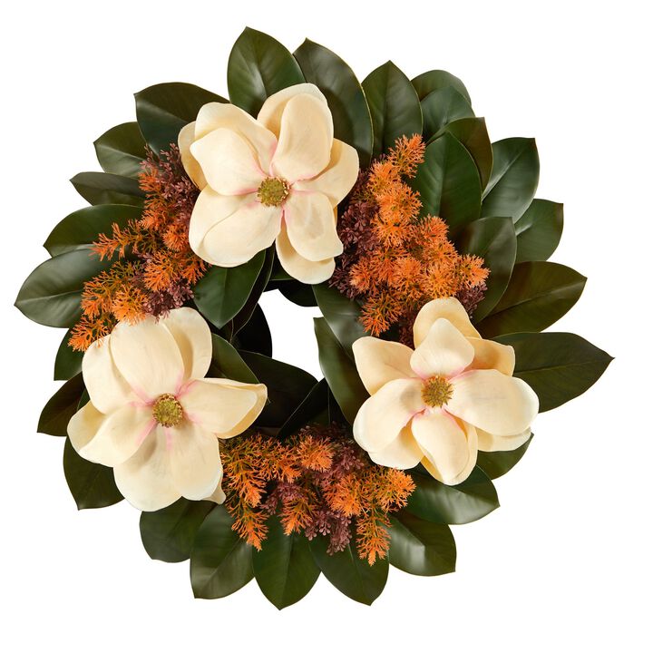 Nearly Natural 24-in Magnolia Artificial Wreath