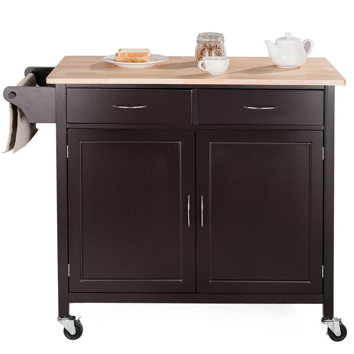 QuikFurn Brown Kitchen Island Storage Cart with Wood Top and Casters