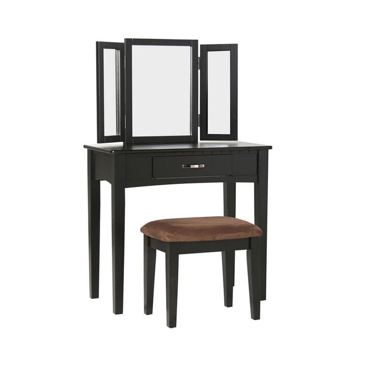 Wooden Vanity Set with 3-Sided Mirror and Padded Stool
