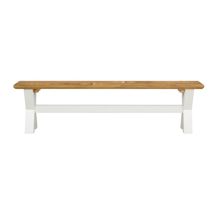 70 Inch Dining Bench, White X Leg Trestle Base, Acacia Wood, Brown Seat - Benzara
