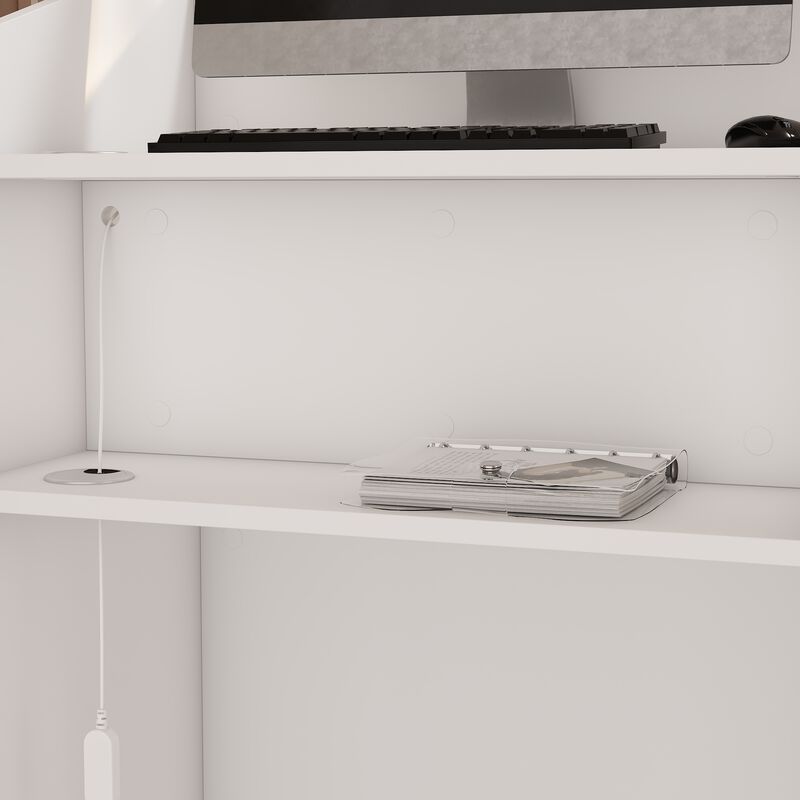 FUFU&GAGA Wooden Reception Desk with Storage Shelves Two Socket Slots 3-Color LED Light and USB Port 23.2 in. W x 15.27 in. D x 41.1 in. H White