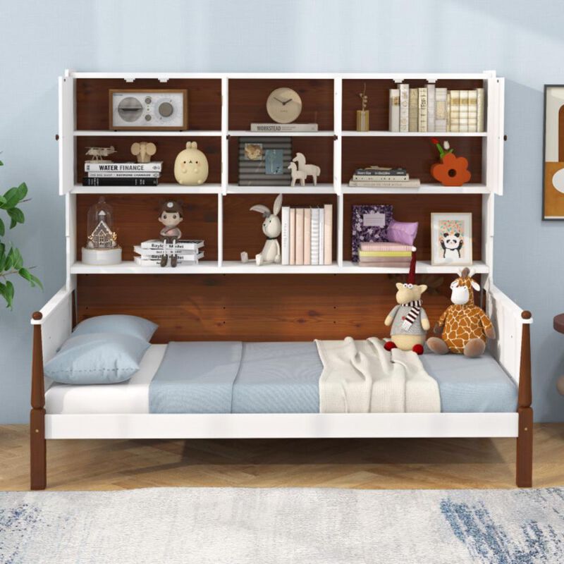 Hivvago Twin Bed with Bookcase with Shelves and  Wooden Slat Support No Box Spring Needed for Living Room Bedroom