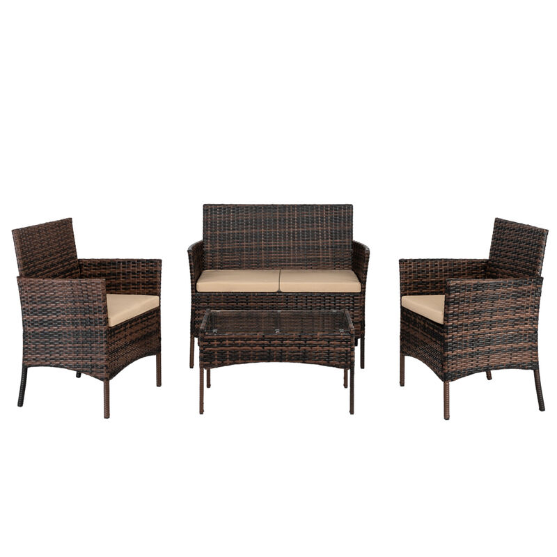 4-Piece Rattan Sofa Set with 2 Armchairs Love Seat and Glass Coffee Table