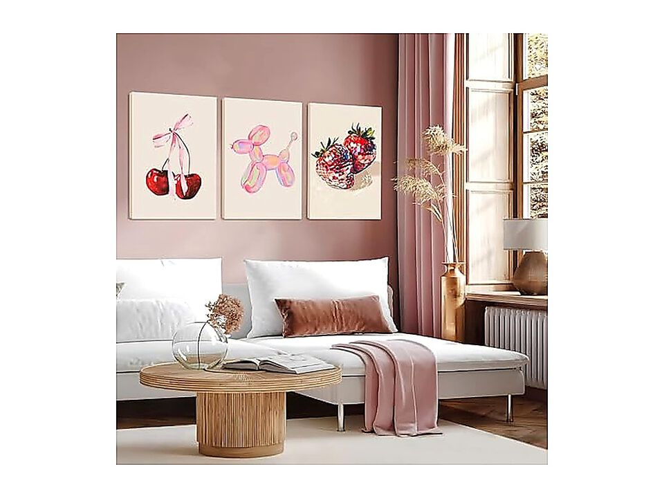 Cute Pink Canvas Wall Art Set 3 Fruit Disco Strawberry Bow Cherry Decor Funky