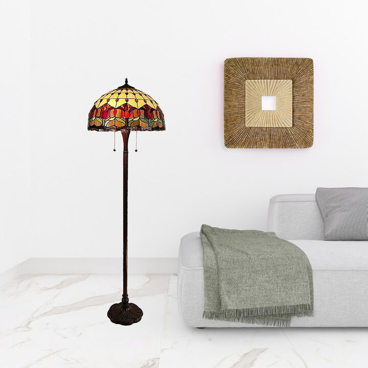 Hivvago 62" Brown Two Light Traditional Shaped Floor Lamp With Red Flowers Stained Glass Dome Shade