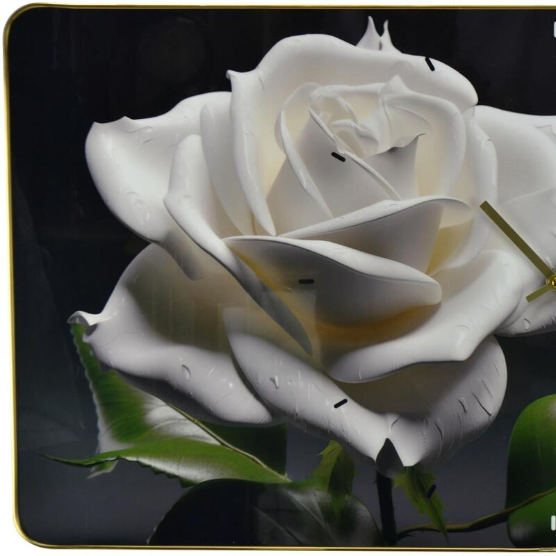 HomeRoots 24" White Black And Green Solid Wood and Acrylic Silent Roses Floral Wall Clock image number 3
