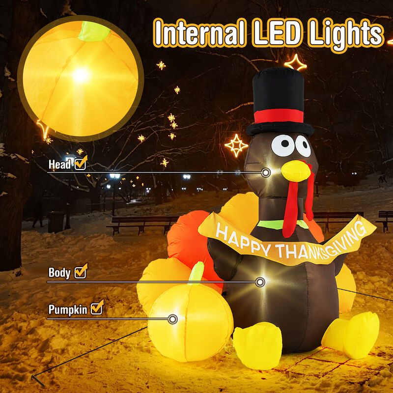5 FT Inflatable Turkey with Pumpkin and LED Lights for Indoor Party image number 5
